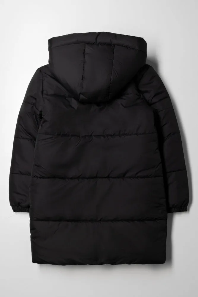 Hooded Long Puffer Jacket Black
