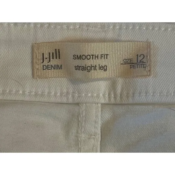 J Jill Womens White Denim Pants Smooth Fit Straight Leg Size 12 Petite 5 Pockets