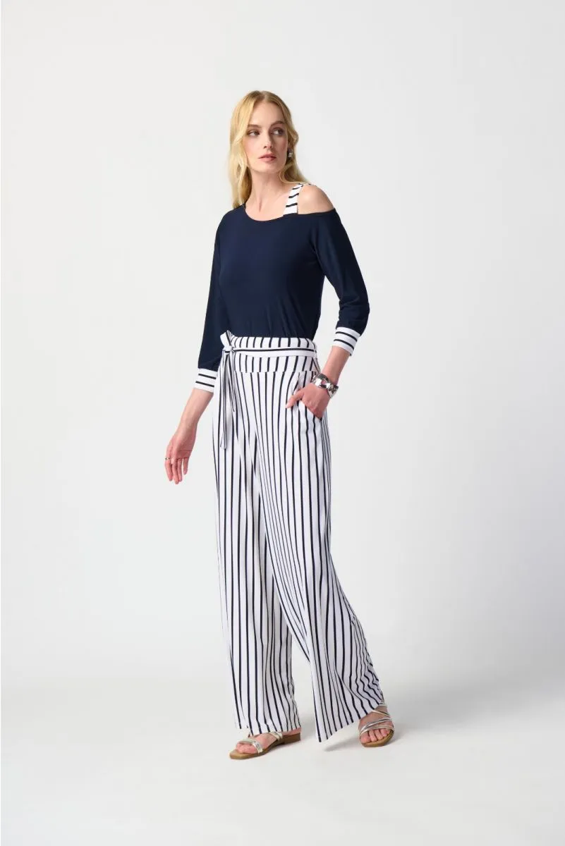 Joseph Ribkoff Striped High-Waist Belted Wide-Leg Pants 241135