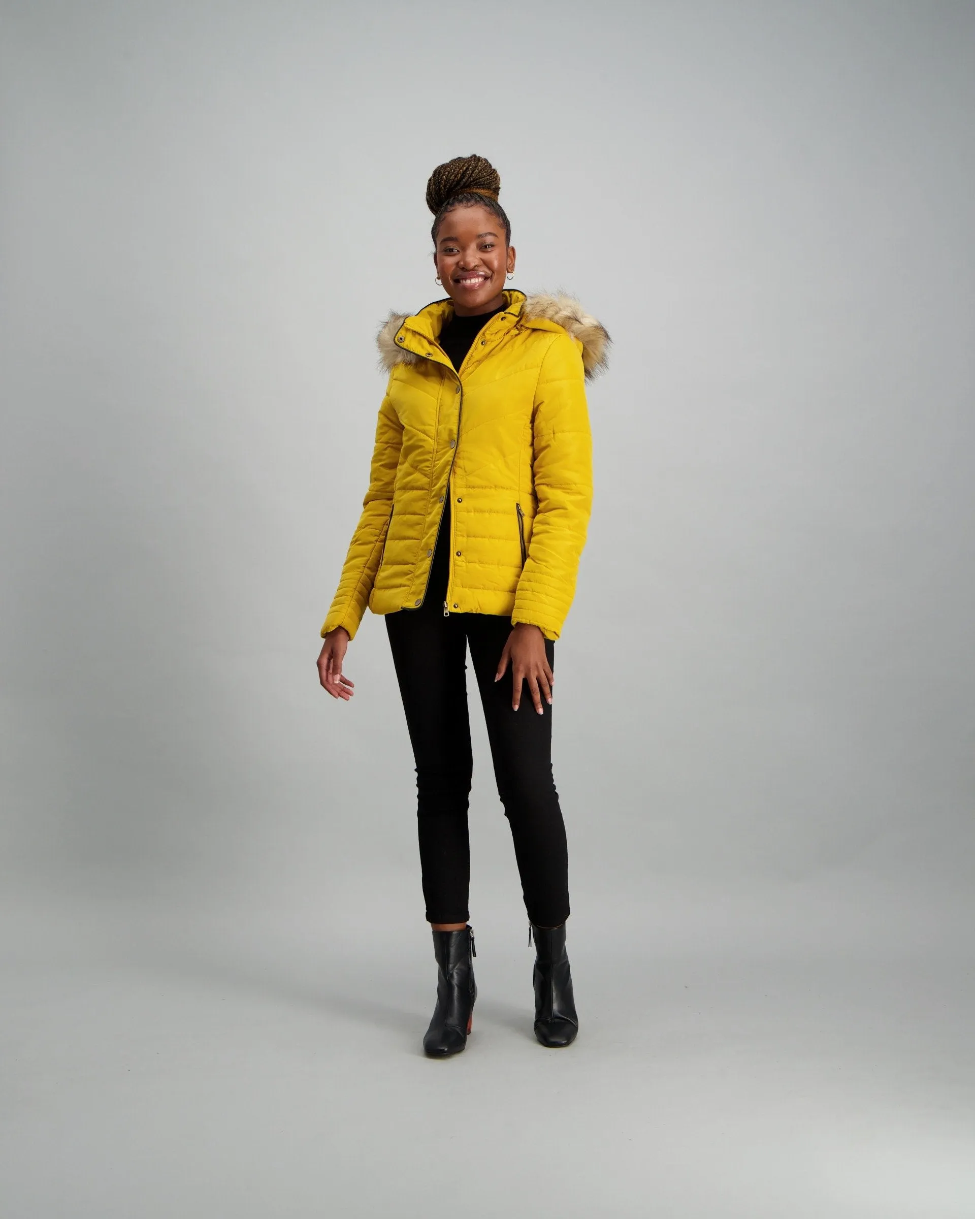 Ladies-Binding Fur Puffer - Mustard