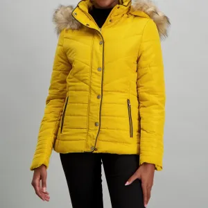 Ladies-Binding Fur Puffer - Mustard