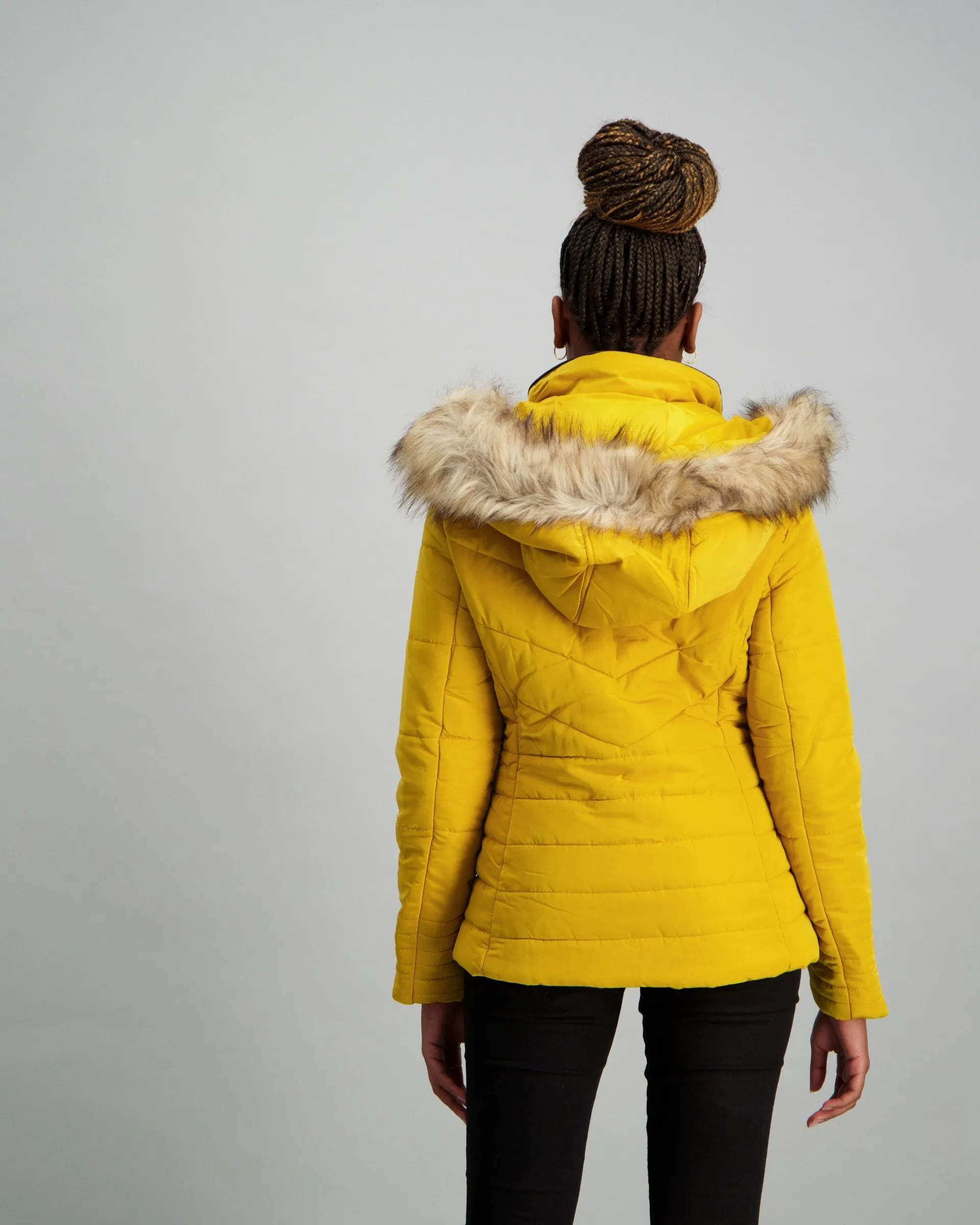 Ladies-Binding Fur Puffer - Mustard