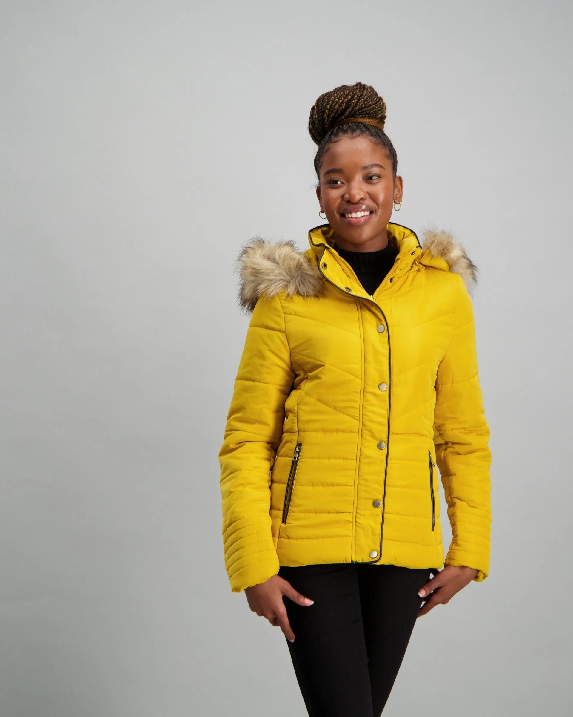 Ladies-Binding Fur Puffer - Mustard