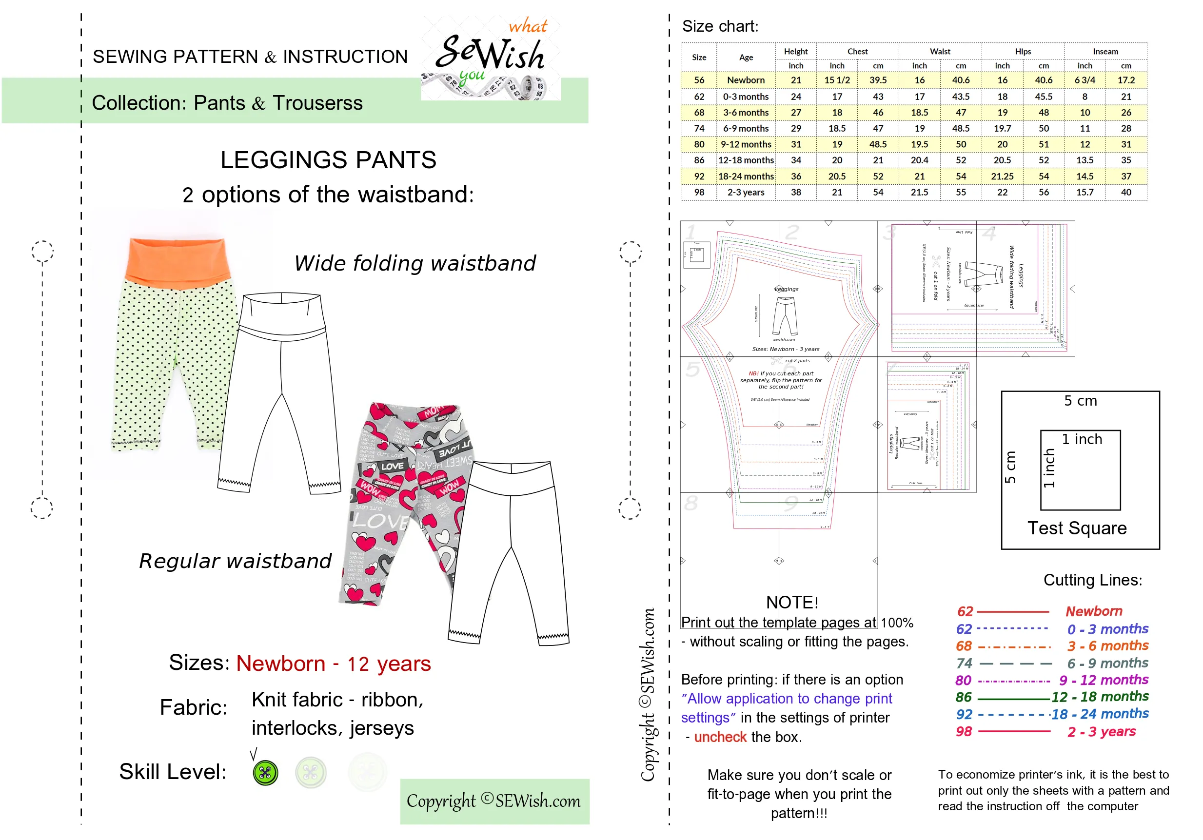 Leggings Baby Sewing Patterns for Girl and Boy Sizes NEWBORN - 12 YEARS