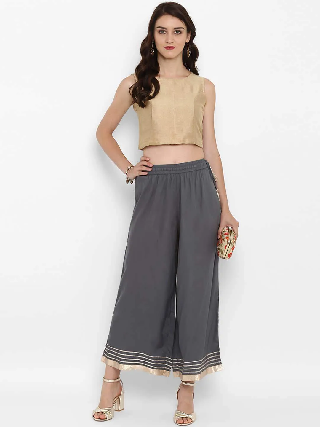 Lemon Tart Women's LTP1 Lace Striped Palazzos - Charcoal