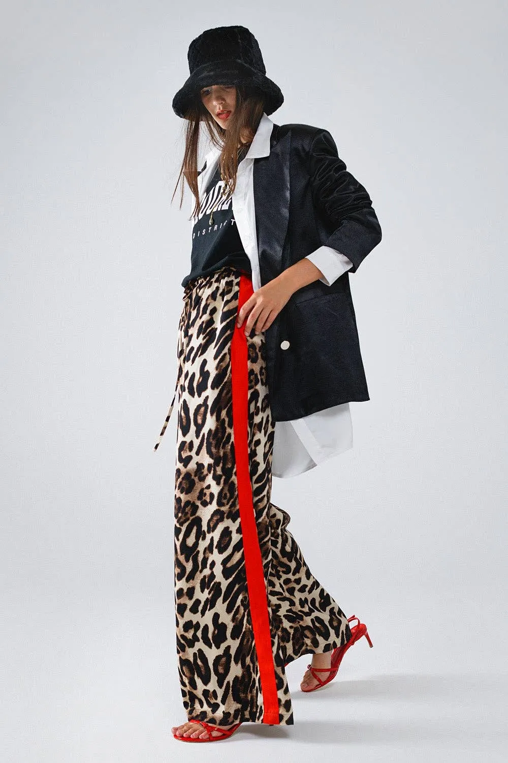 Leopard Straight Pants With Red Stripes Down The Sides: Brown / Medium