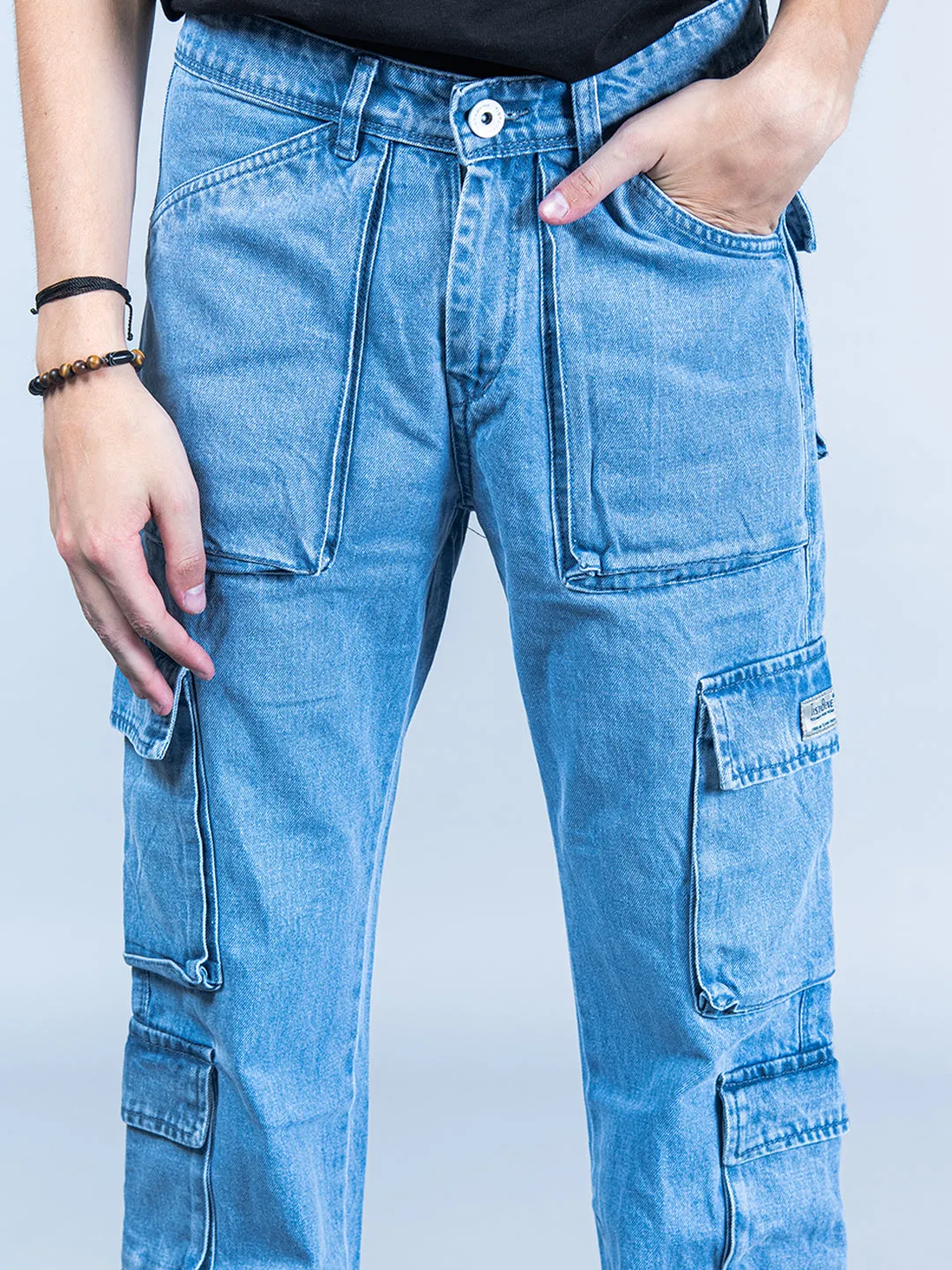Light Blue Straight Fit Cargo Denim