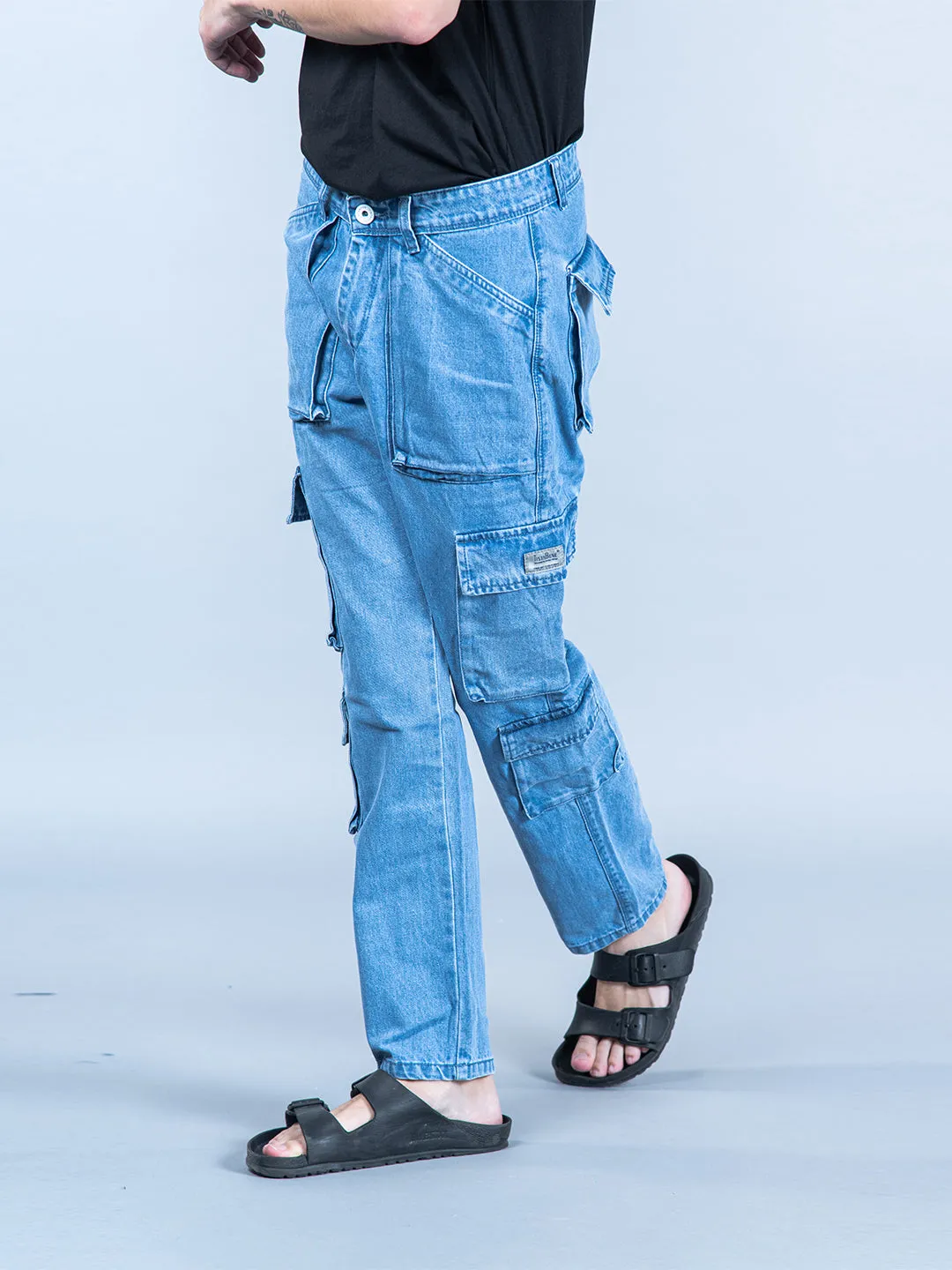 Light Blue Straight Fit Cargo Denim