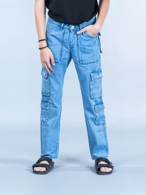 Light Blue Straight Fit Cargo Denim