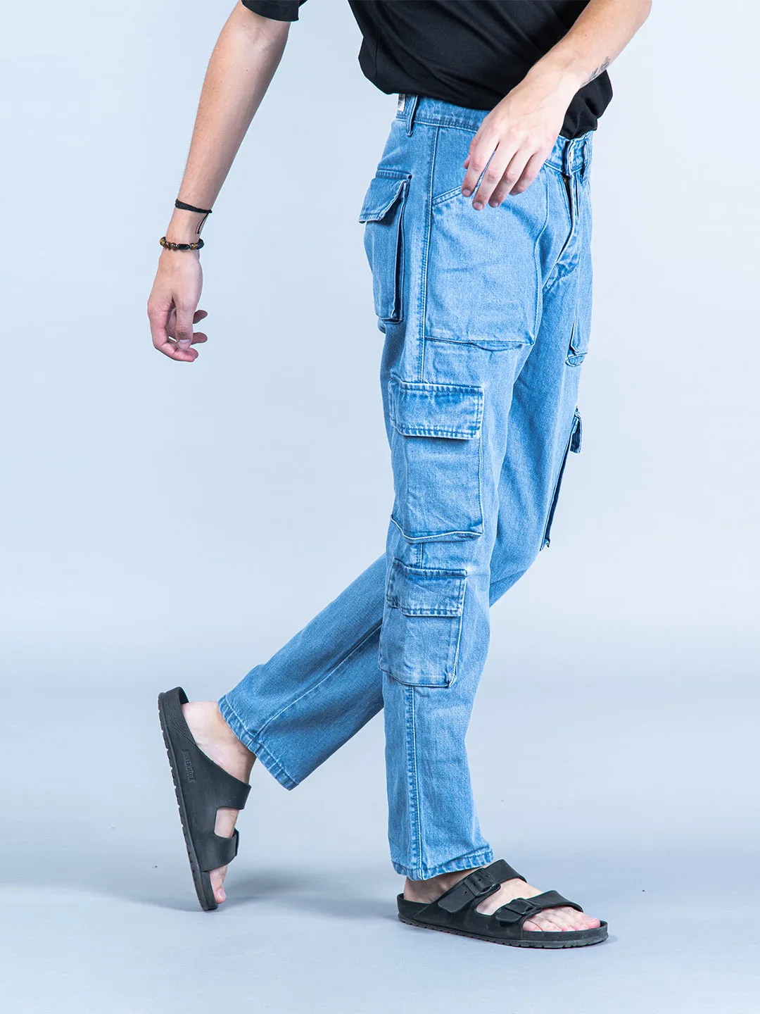 Light Blue Straight Fit Cargo Denim