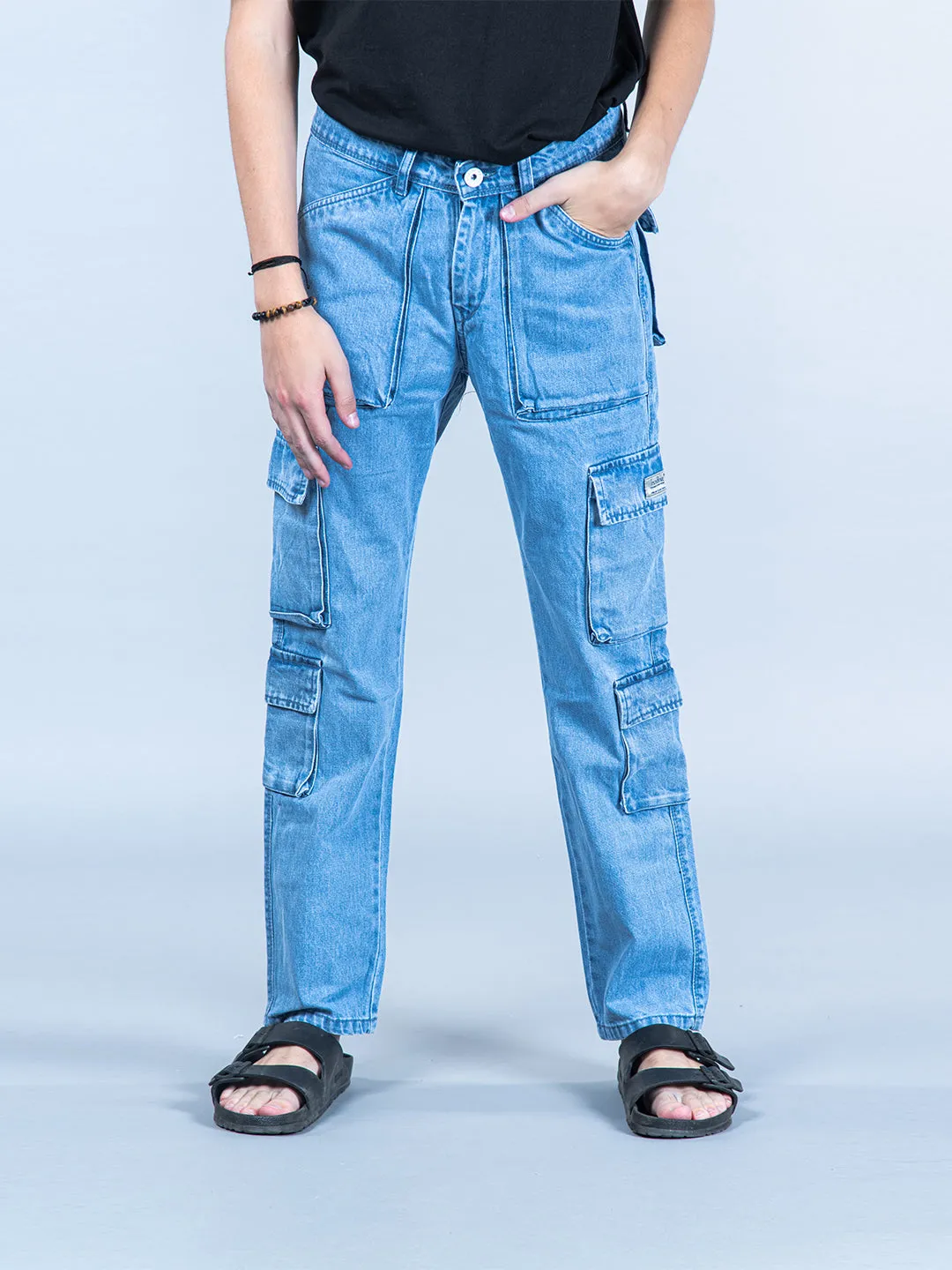 Light Blue Straight Fit Cargo Denim
