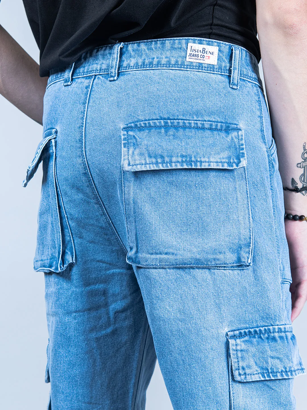 Light Blue Straight Fit Cargo Denim