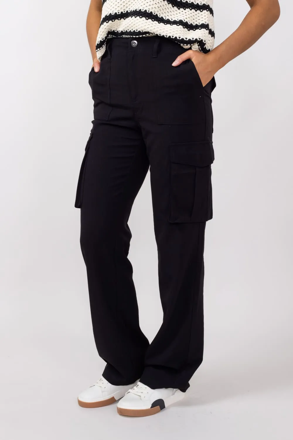 Love Tree Straight Cargo Pants for Women in Black | 6949PN-BLACK