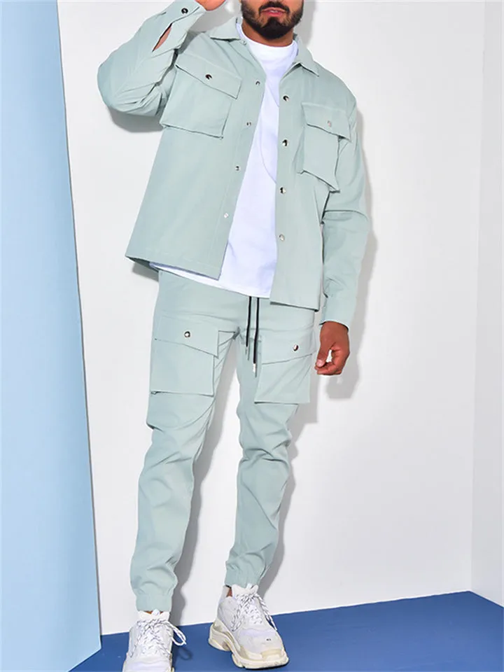 Men's Fashion Handsome 2PCS Suits Cargo Jacket Trousers