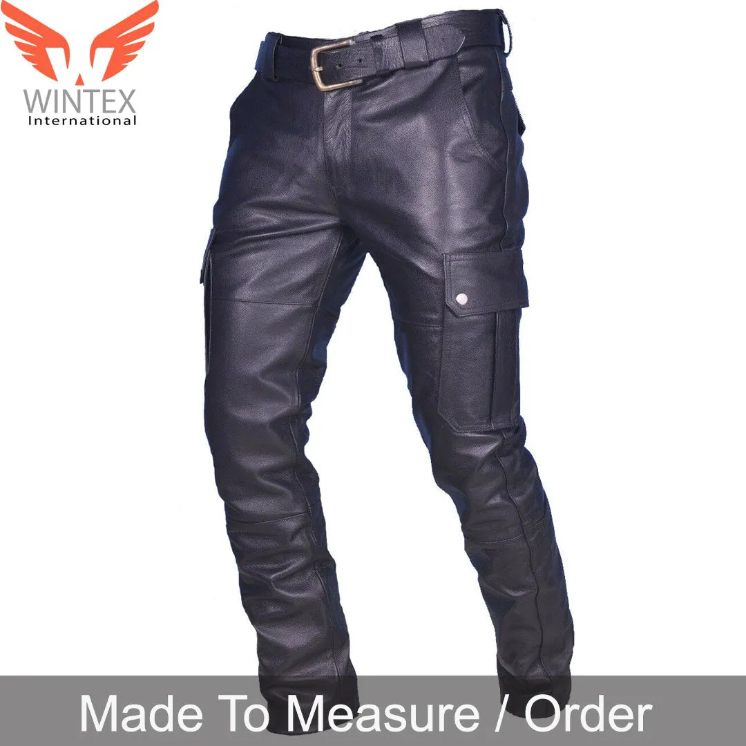 Men’s Real Cowhide Leather Cargo Pants Bikers Pants With Cargo Pockets