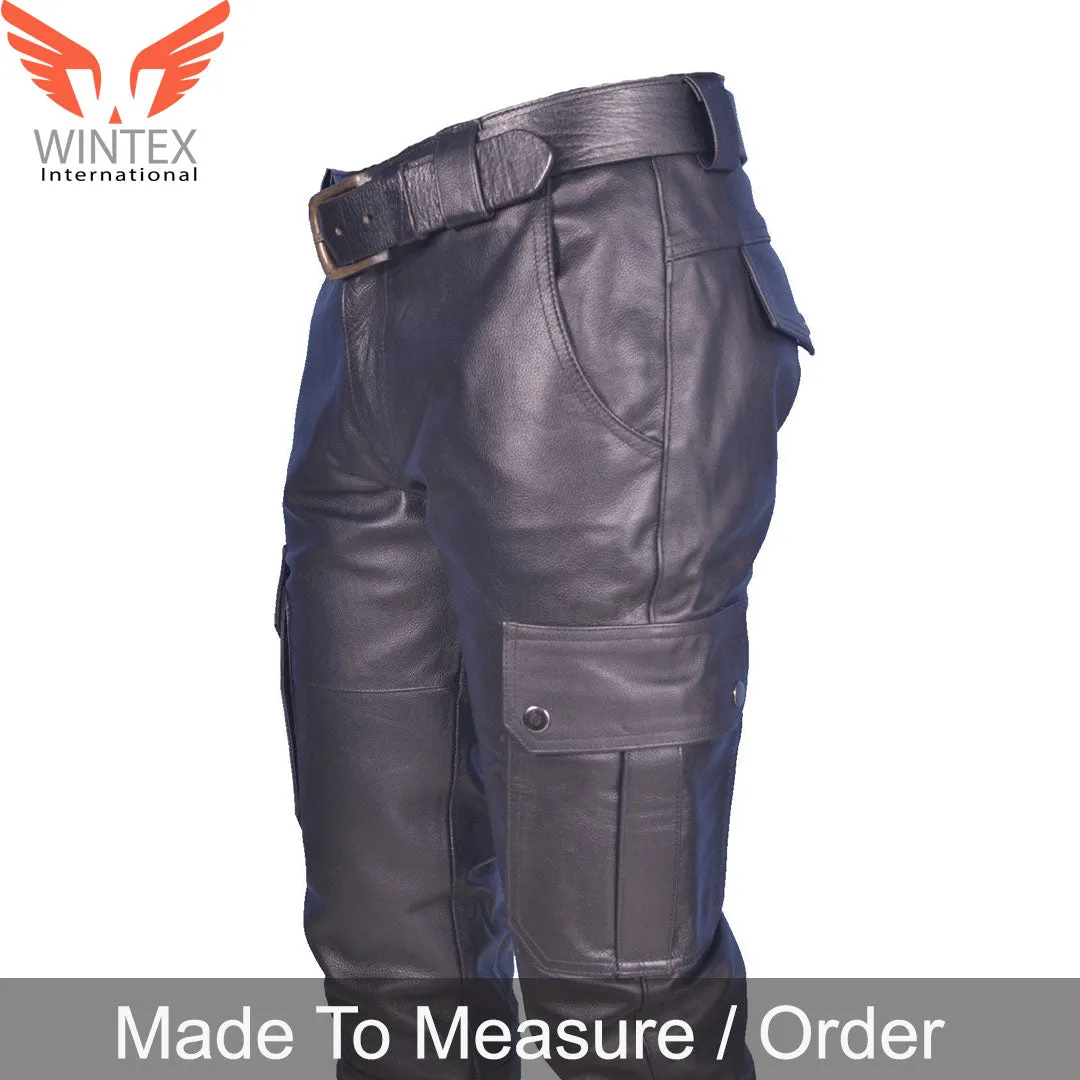 Men’s Real Cowhide Leather Cargo Pants Bikers Pants With Cargo Pockets