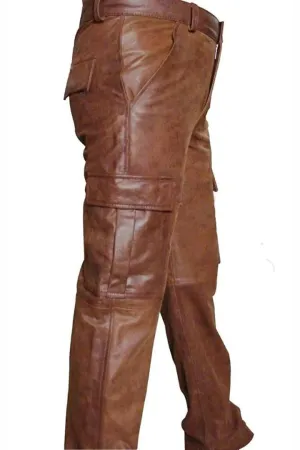 Men's Real Natural Grain Cowhide Vintage Leather Cargo Pants Bikers Pants