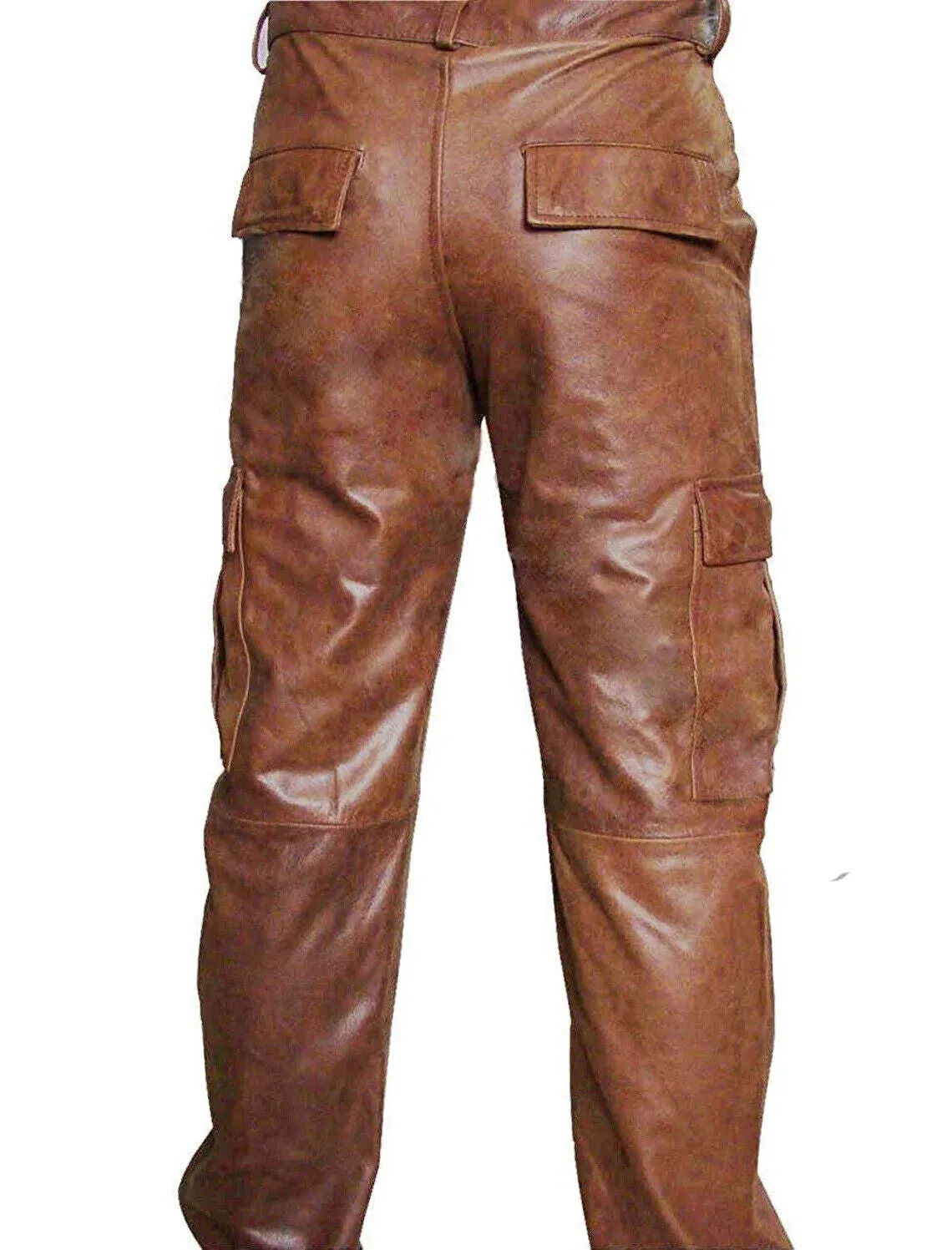 Men's Real Natural Grain Cowhide Vintage Leather Cargo Pants Bikers Pants