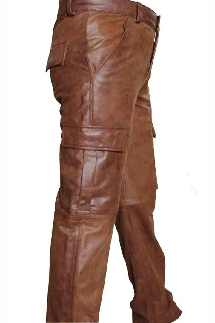 Men's Real Natural Grain Cowhide Vintage Leather Cargo Pants Bikers Pants