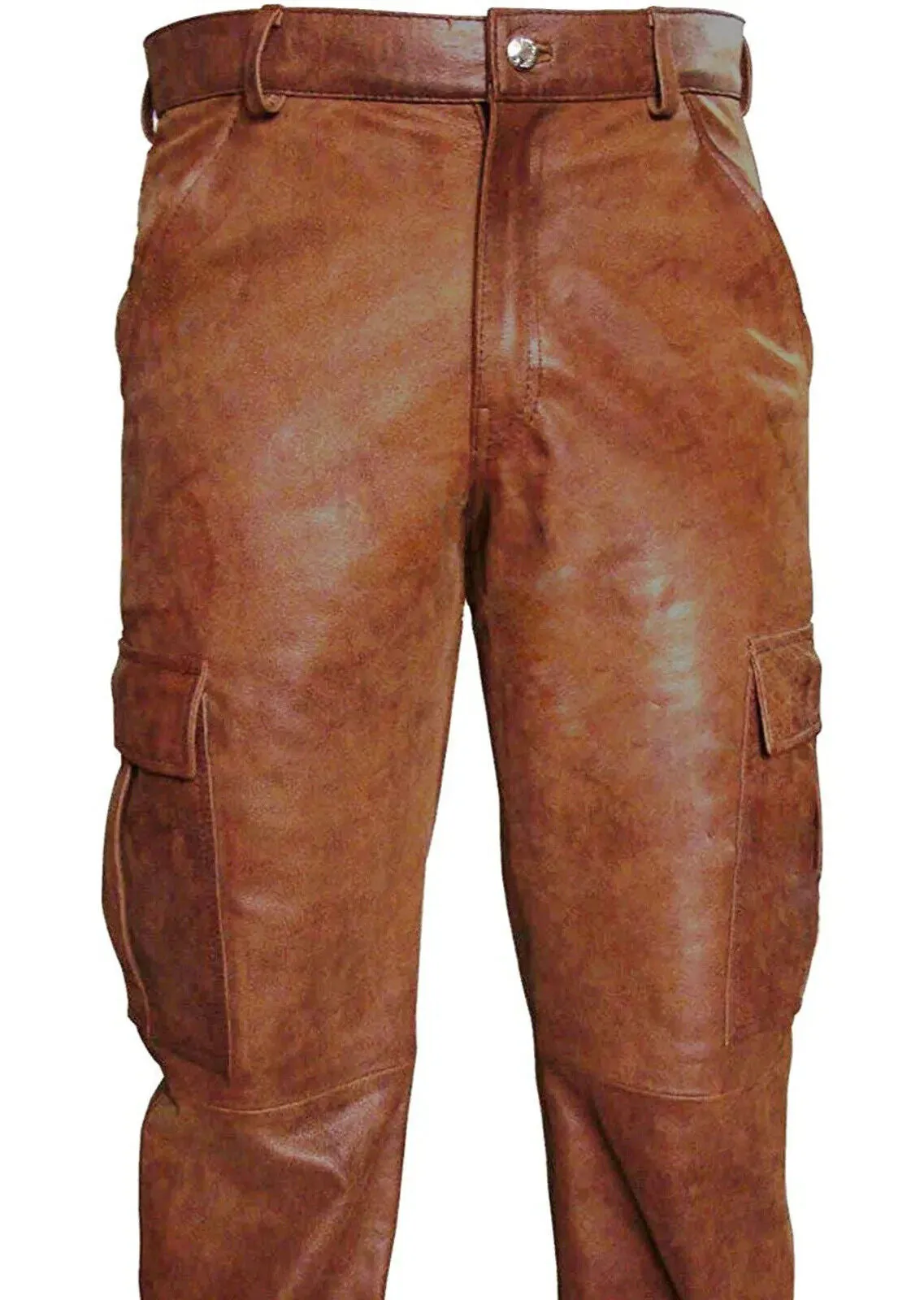 Men's Real Natural Grain Cowhide Vintage Leather Cargo Pants Bikers Pants