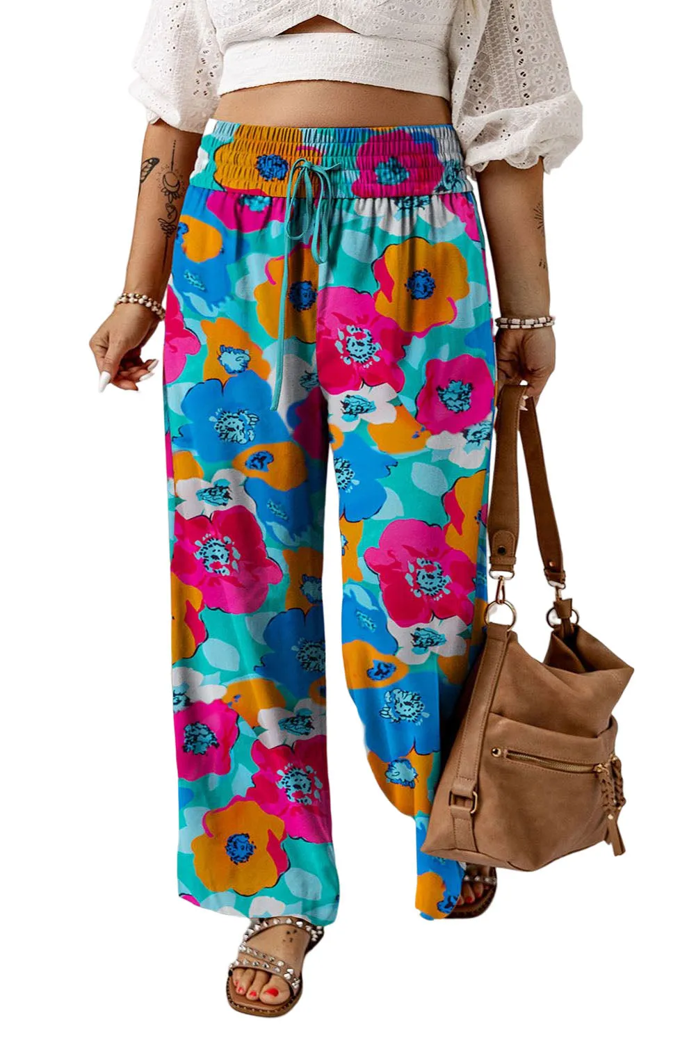 Multicolor Plus Size Abstract Floral Print Wide Leg Pants
