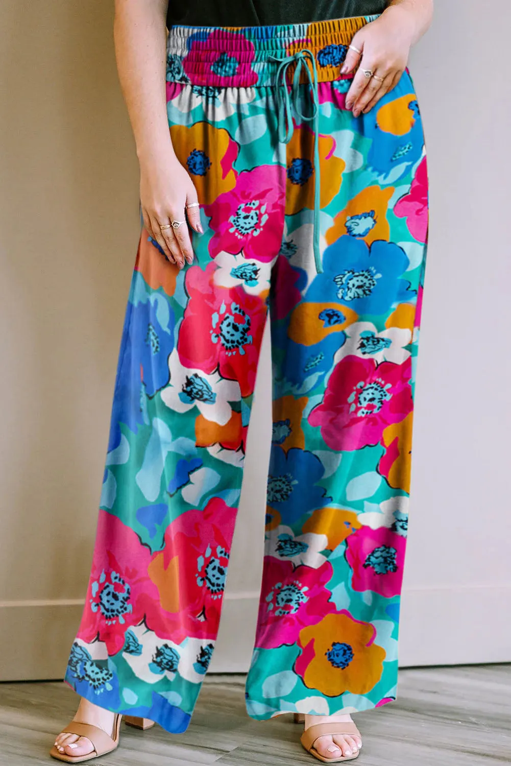 Multicolor Plus Size Abstract Floral Print Wide Leg Pants