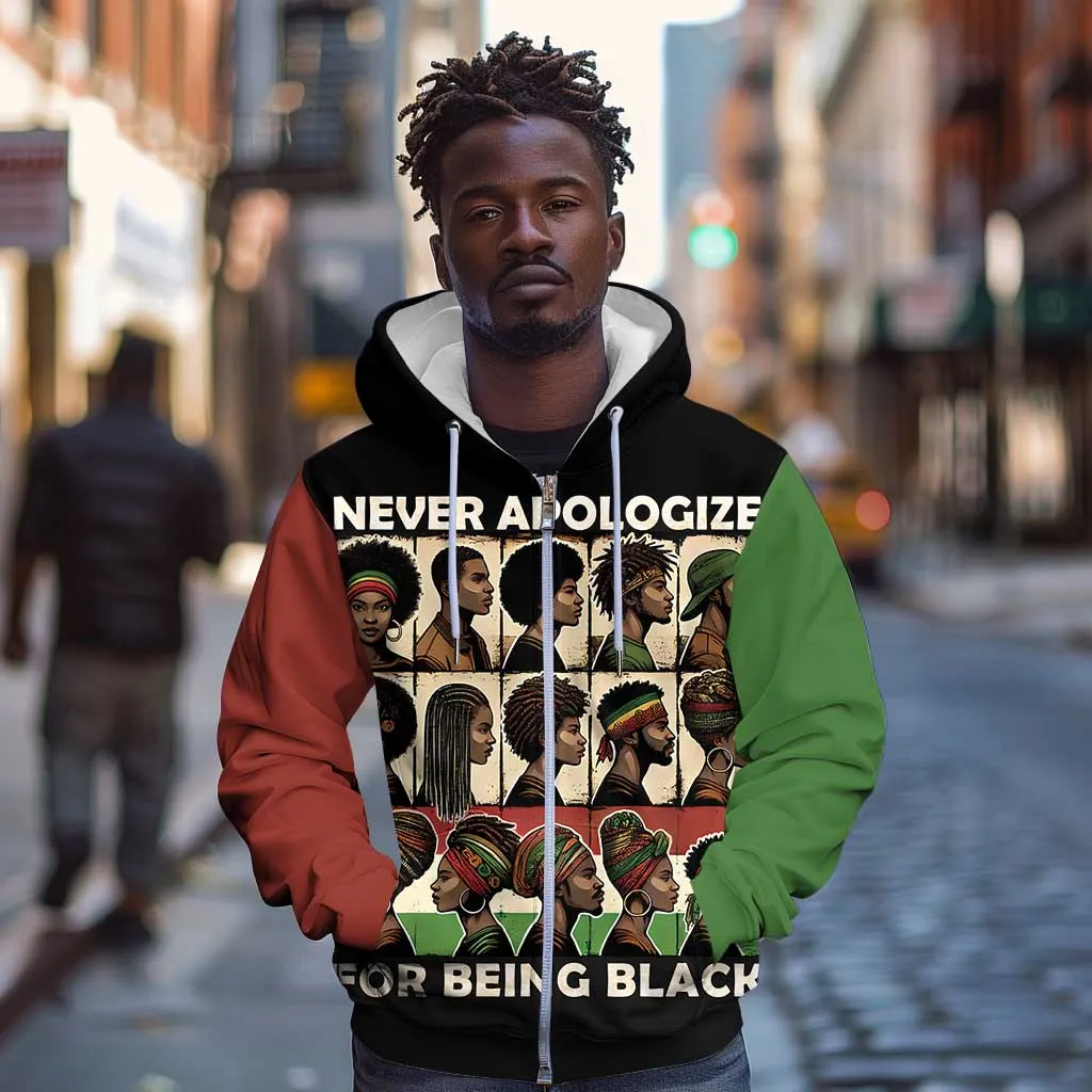 Never Apologize for Being Black Zip Hoodie African Pride DT03