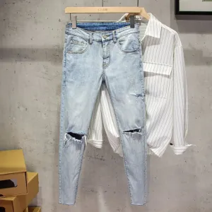 New 2023 Summer Fashion Light-colored Stretch Casual Luxury Designer Boyfriend 90s Hip Hop Blue Knee Hole Skinny Jeans for Men