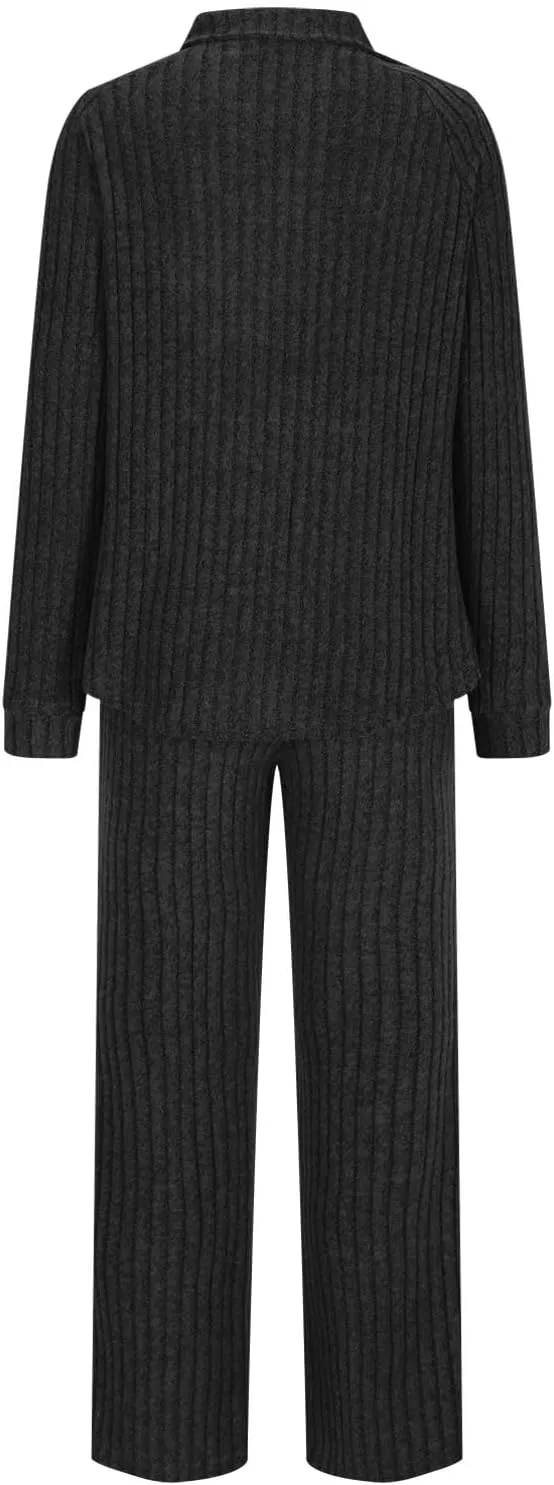 NEW Retails $43, Women Rib Knit Two Piece Loungewear Collar V Neck Pullover Wide Leg Pants with Pockets,  Black, Sz L