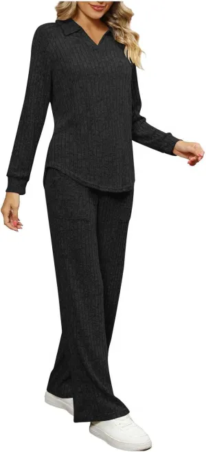 NEW Retails $43, Women Rib Knit Two Piece Loungewear Collar V Neck Pullover Wide Leg Pants with Pockets,  Black, Sz L