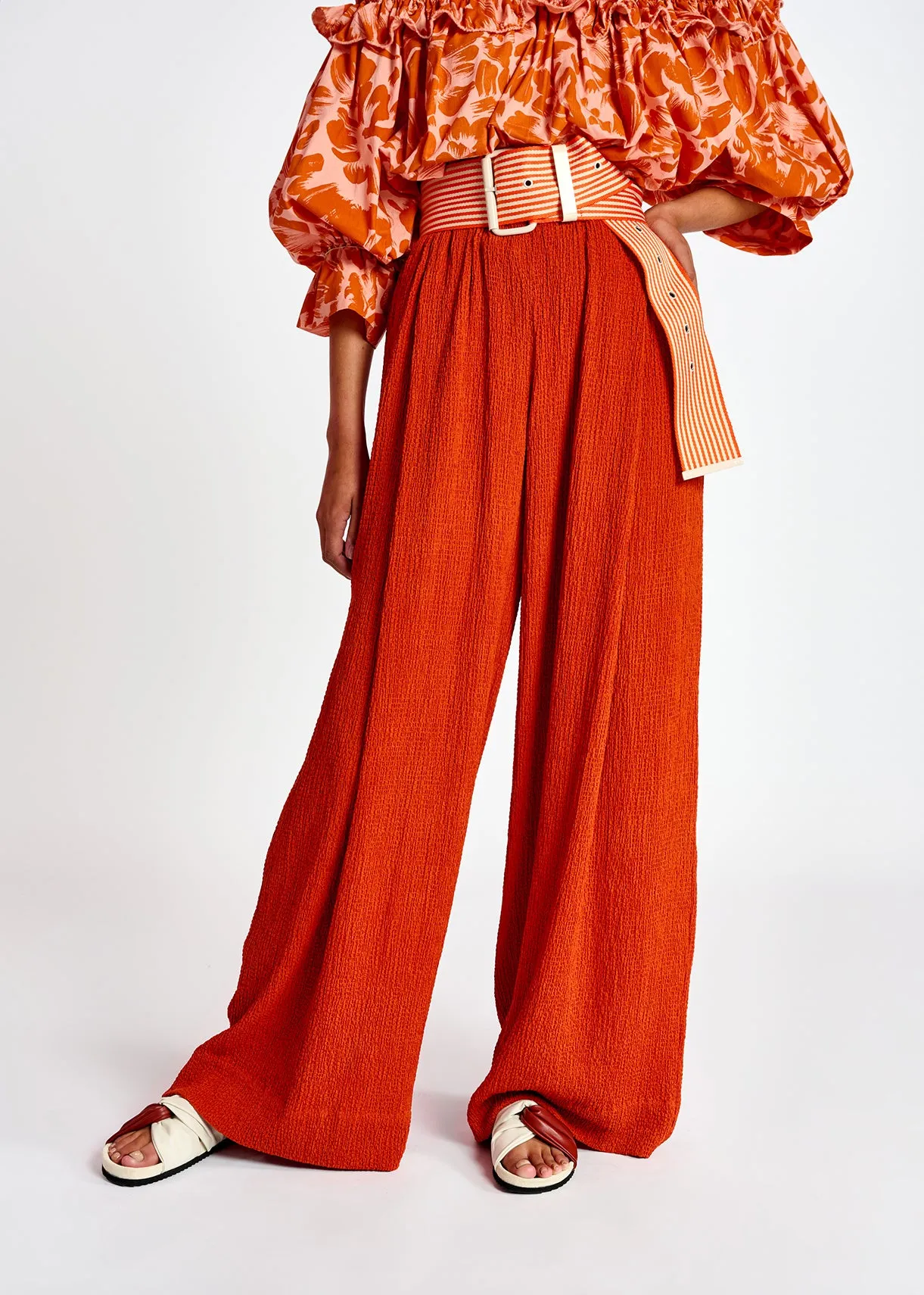 Orange wide-leg seersucker pants