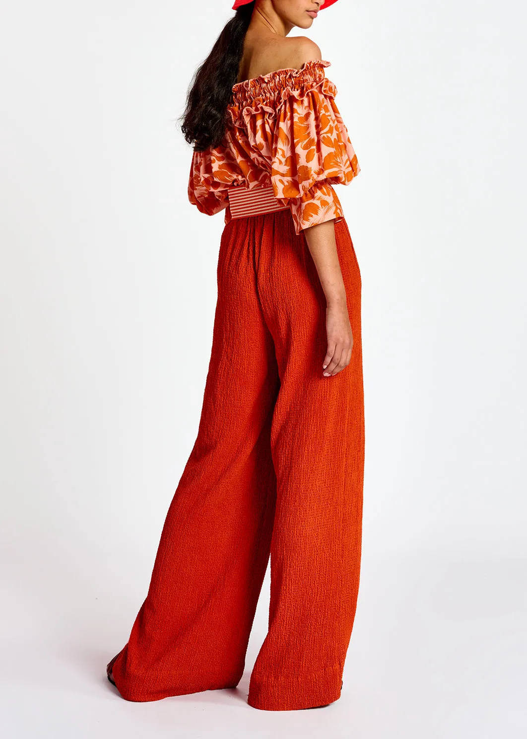 Orange wide-leg seersucker pants