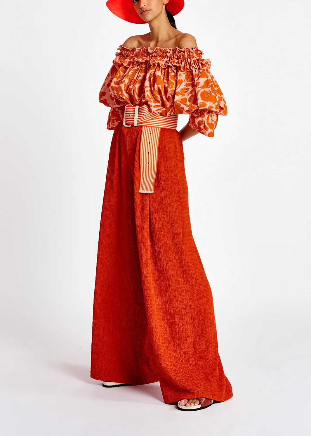 Orange wide-leg seersucker pants