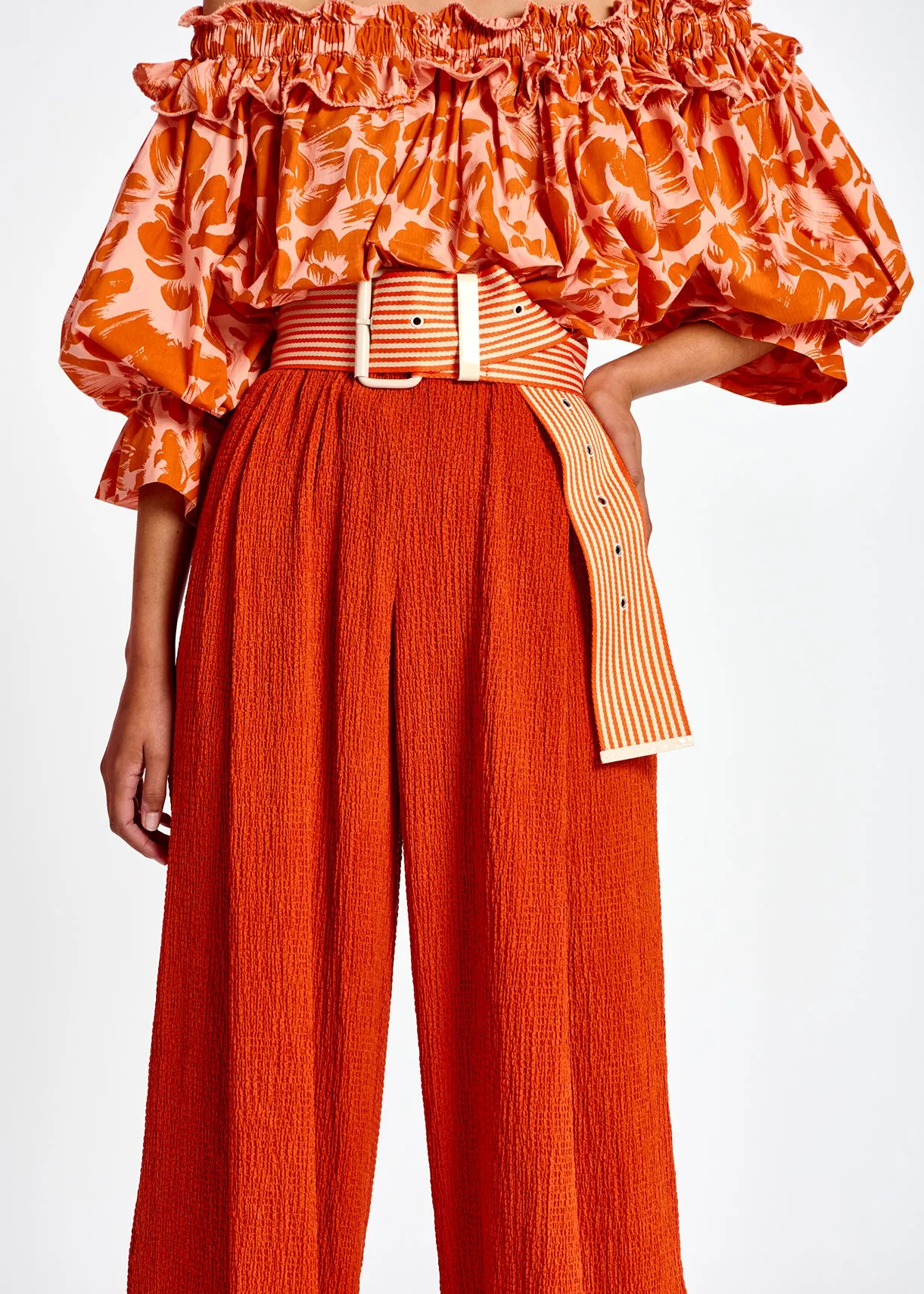 Orange wide-leg seersucker pants