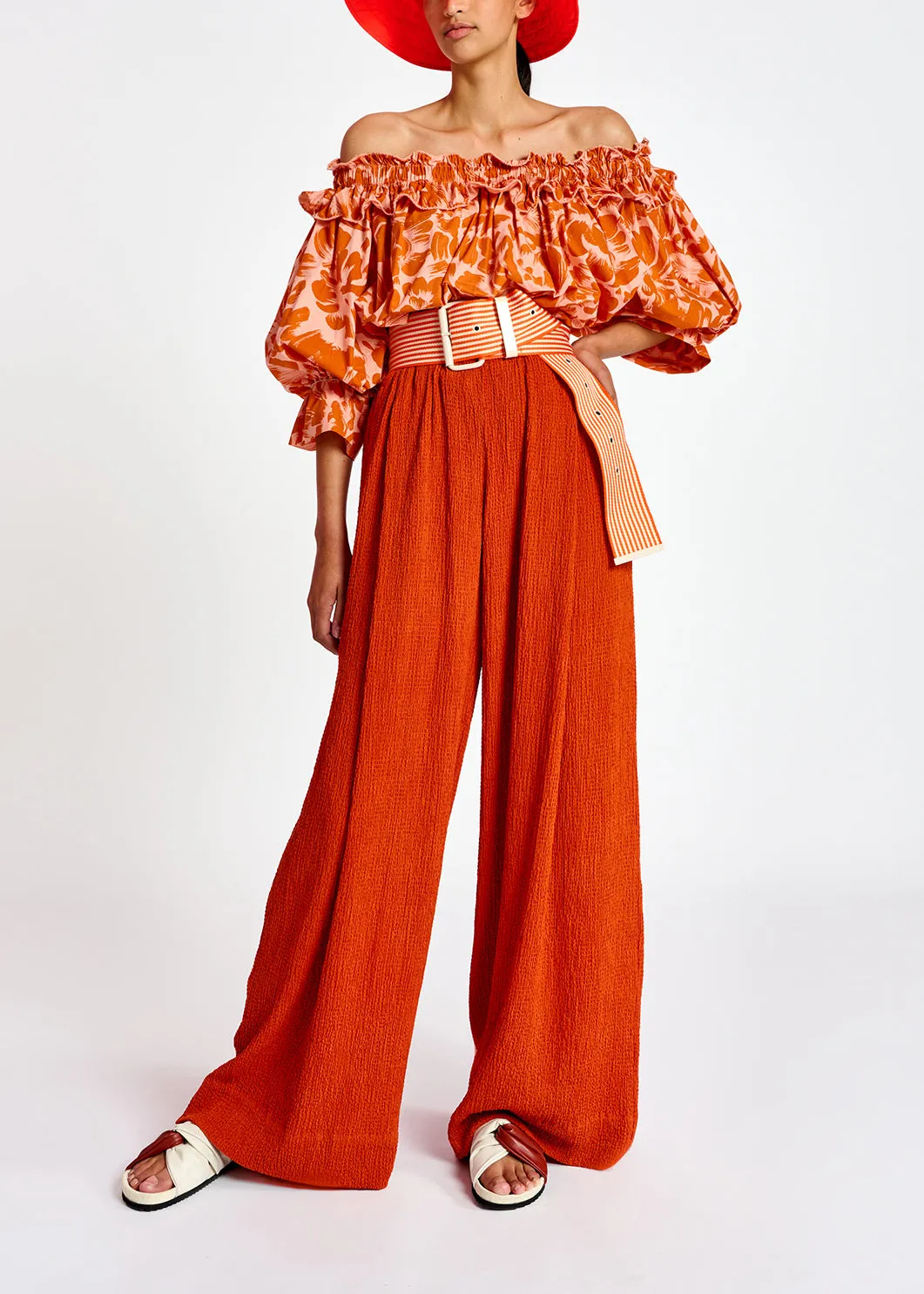 Orange wide-leg seersucker pants