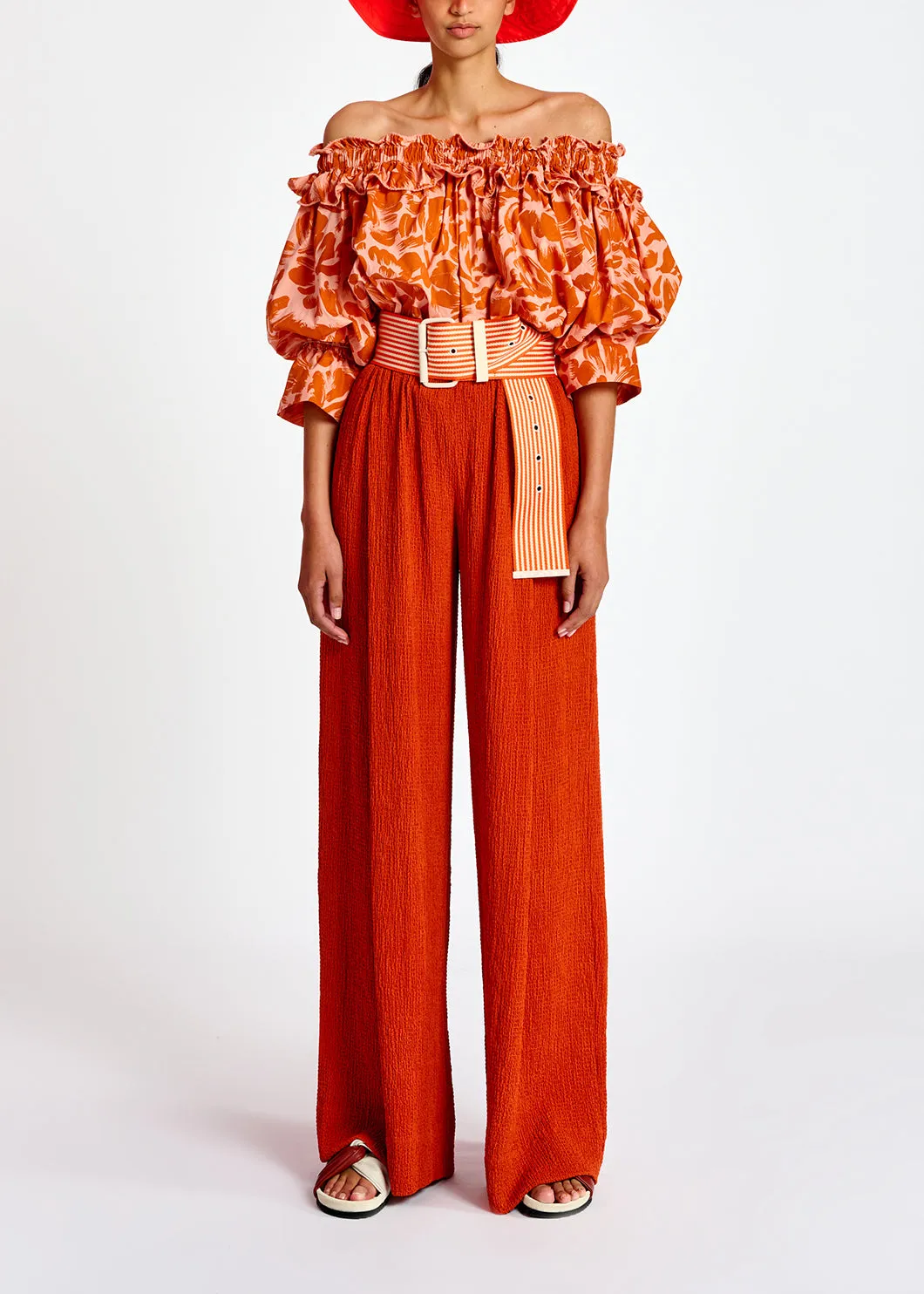Orange wide-leg seersucker pants