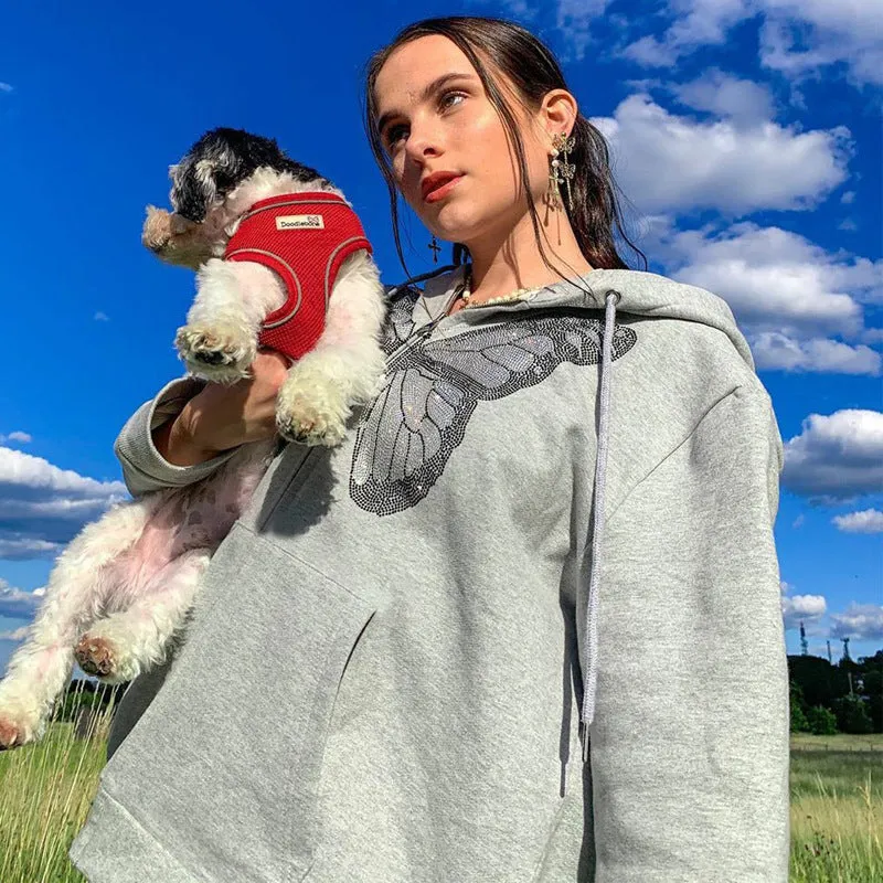 Oversized Butterfly Graphic Rhinestone Zip Up Hoodies