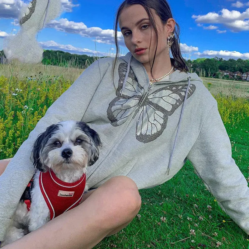 Oversized Butterfly Graphic Rhinestone Zip Up Hoodies