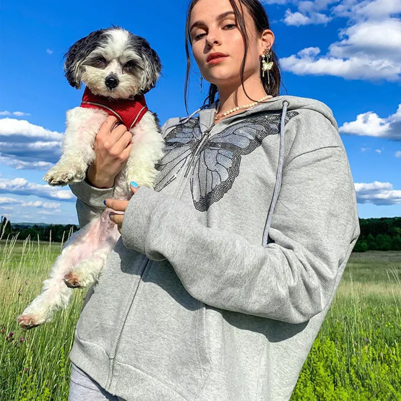 Oversized Butterfly Graphic Rhinestone Zip Up Hoodies
