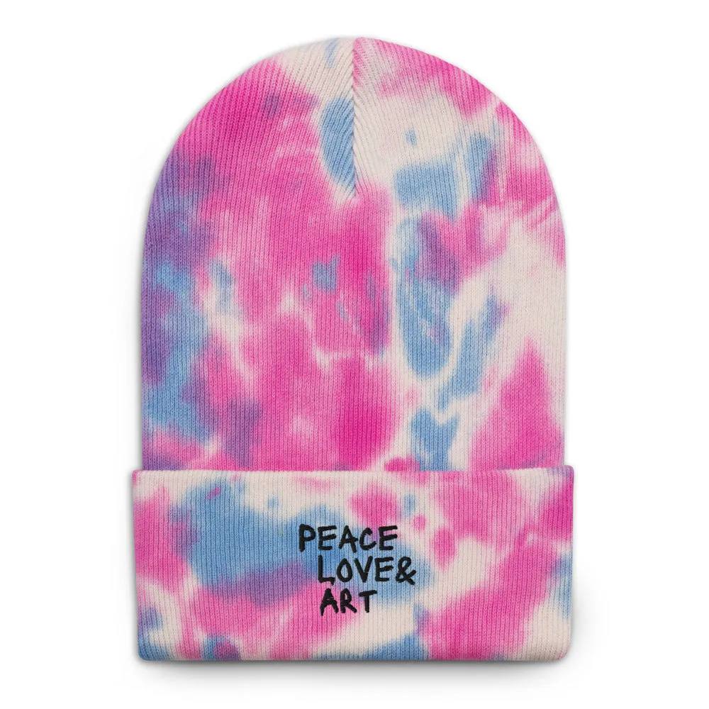 Peace Love & Art Embroidered Tie-dye Beanie