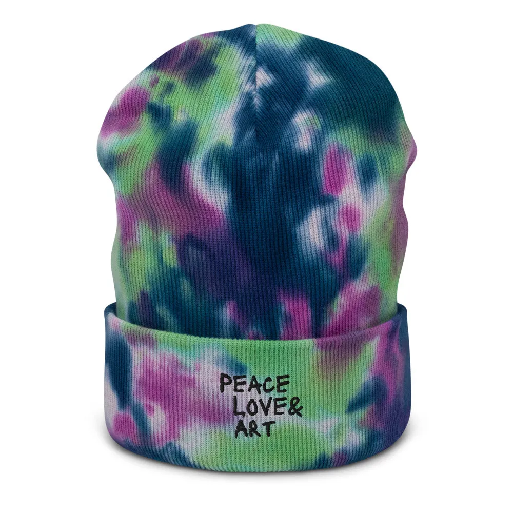 Peace Love & Art Embroidered Tie-dye Beanie