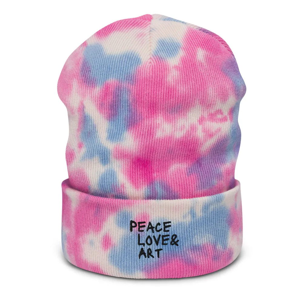 Peace Love & Art Embroidered Tie-dye Beanie