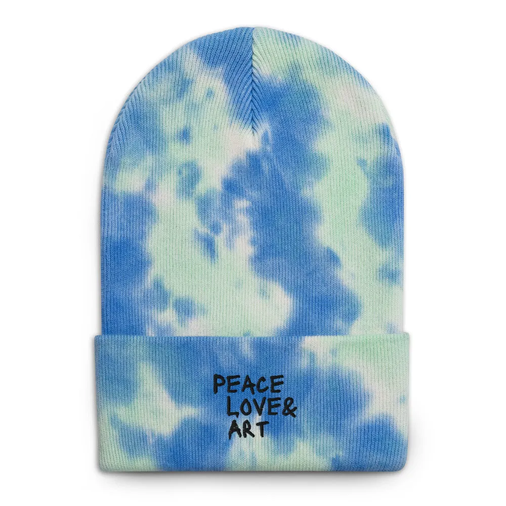 Peace Love & Art Embroidered Tie-dye Beanie
