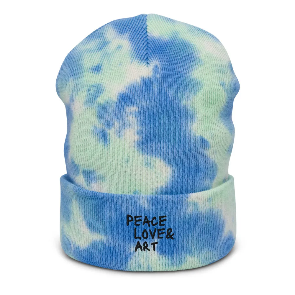 Peace Love & Art Embroidered Tie-dye Beanie