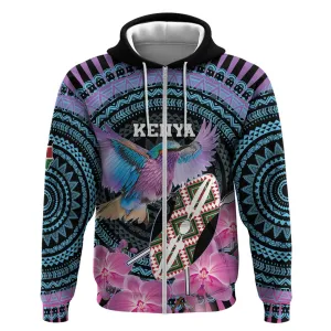 Personalised Kenya Lilac Breasted Roller Zip Hoodie Orchid Flower - African Pattern LT15