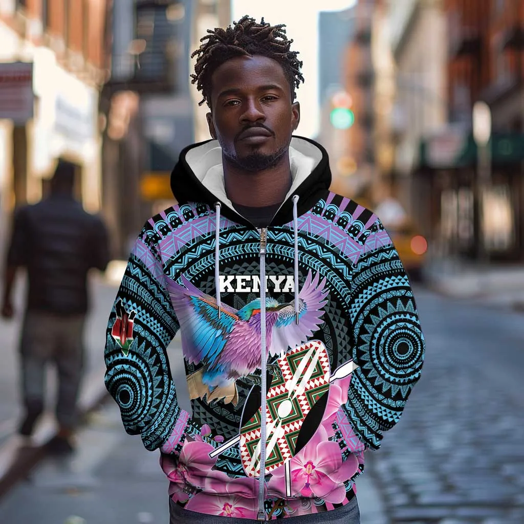 Personalised Kenya Lilac Breasted Roller Zip Hoodie Orchid Flower - African Pattern LT15