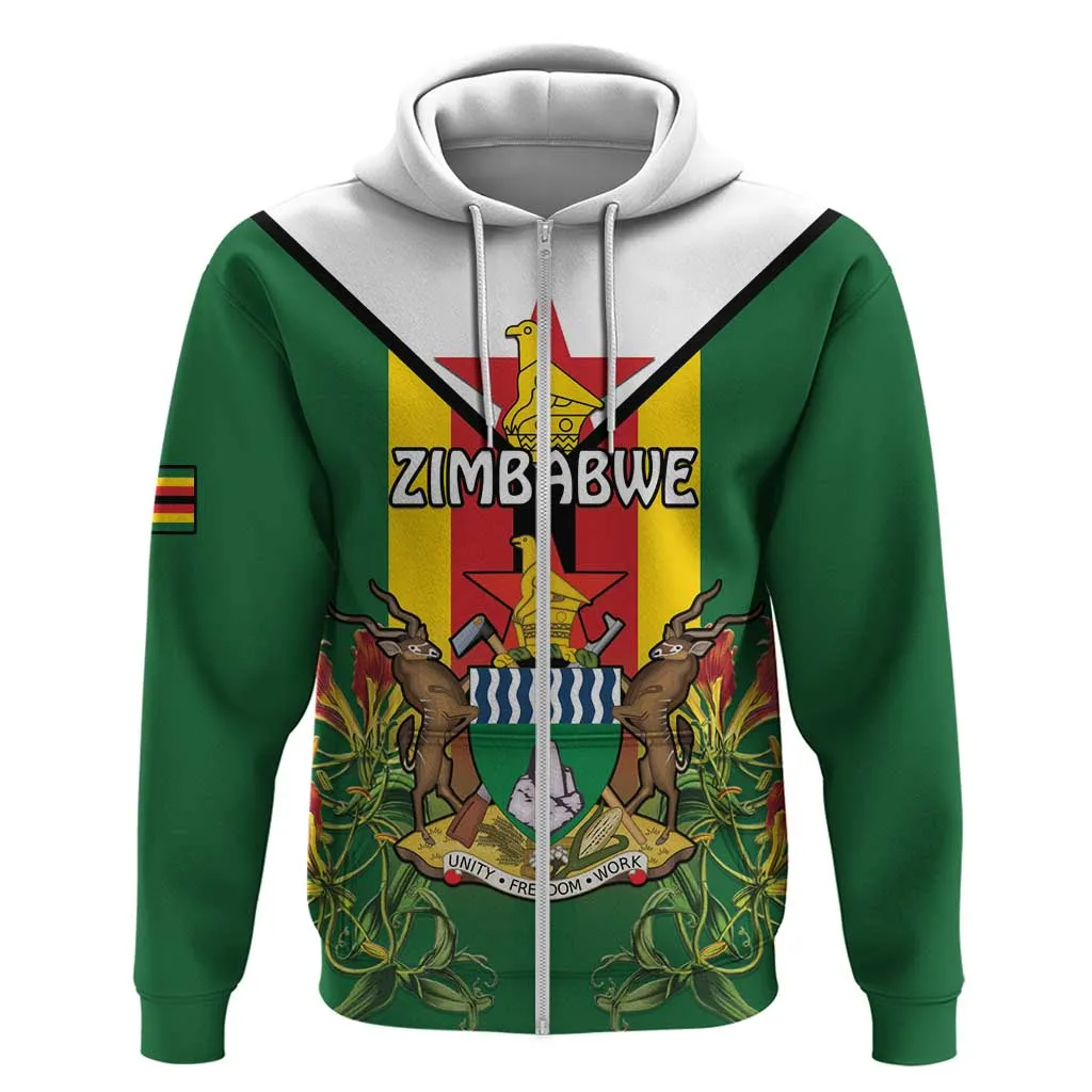 Personalised Zimbabwe Independence Day Zip Hoodie Coat Of Arms Fire Lilies LT15
