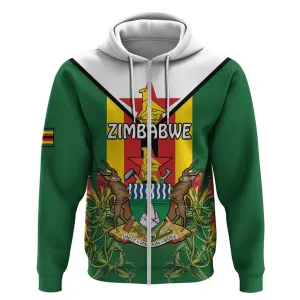 Personalised Zimbabwe Independence Day Zip Hoodie Coat Of Arms Fire Lilies LT15