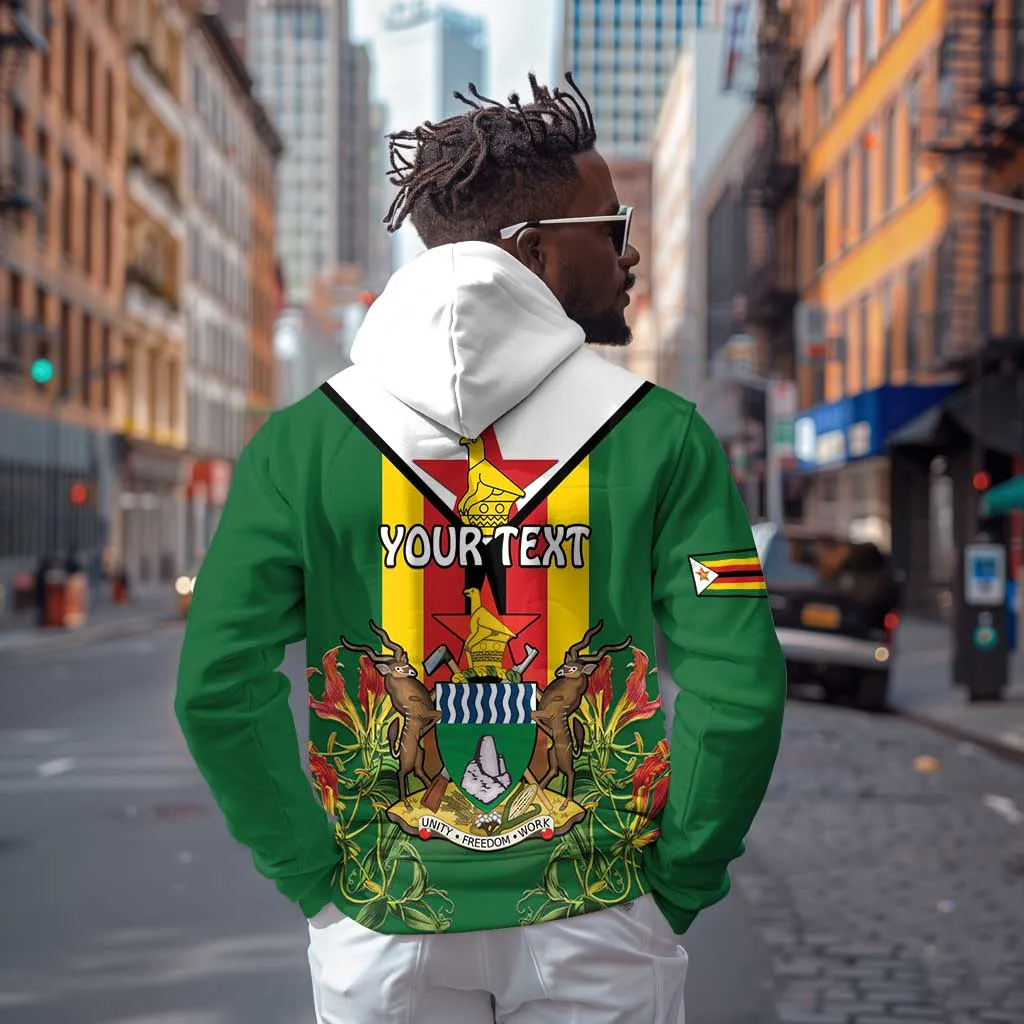 Personalised Zimbabwe Independence Day Zip Hoodie Coat Of Arms Fire Lilies LT15