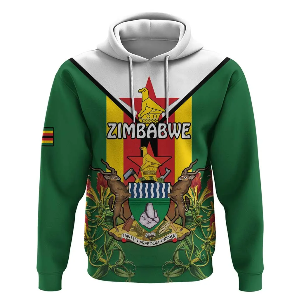 Personalised Zimbabwe Independence Day Zip Hoodie Coat Of Arms Fire Lilies LT15